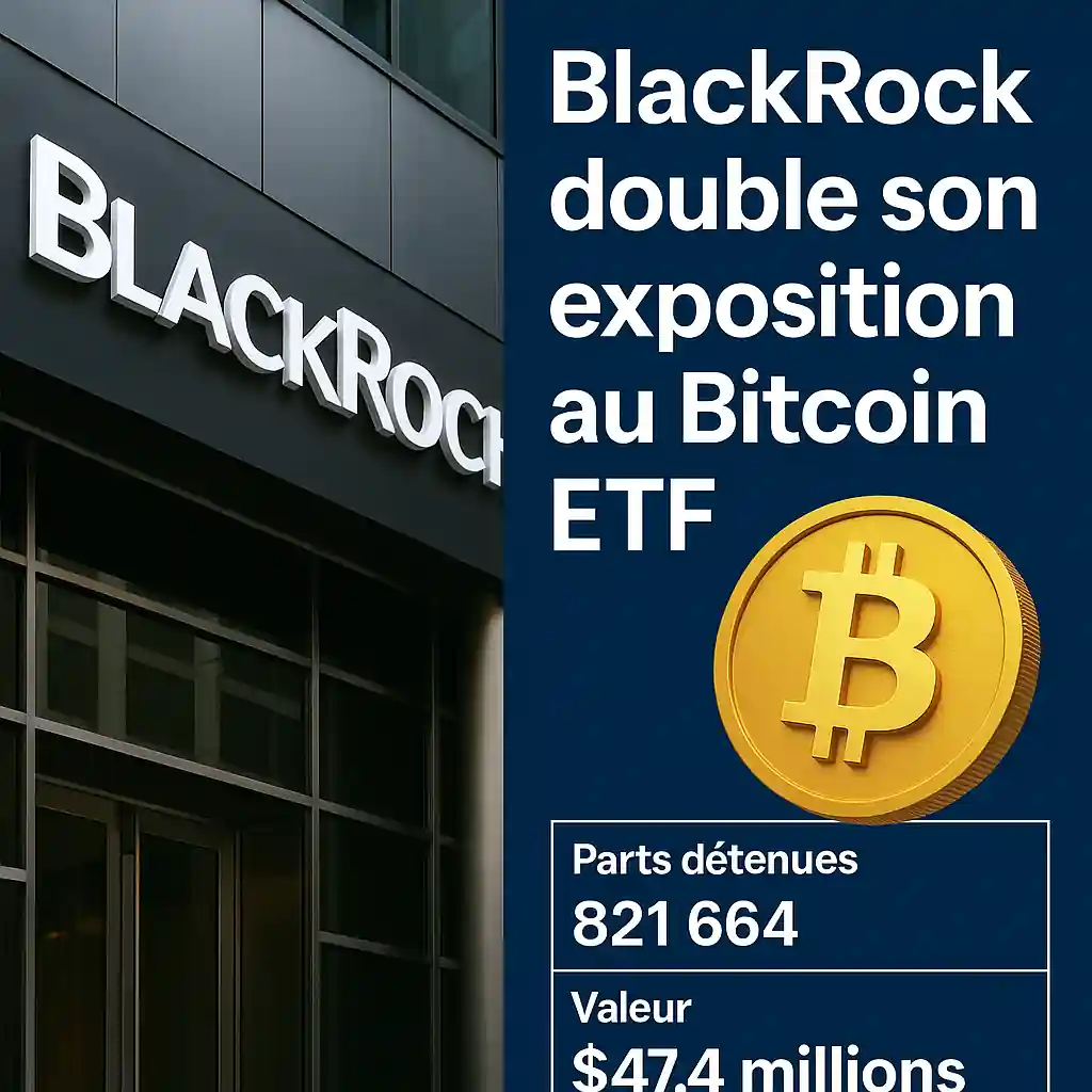 Infographie montrant le siège de BlackRock avec des données clés sur son investissement dans un ETF Bitcoin
