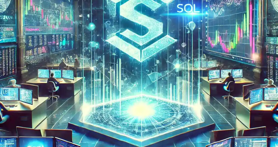 An illustration featuring a glowing Solana (SOL) coin, trading charts, derivative contract symbols, financial graphs, and regulatory approval icons.