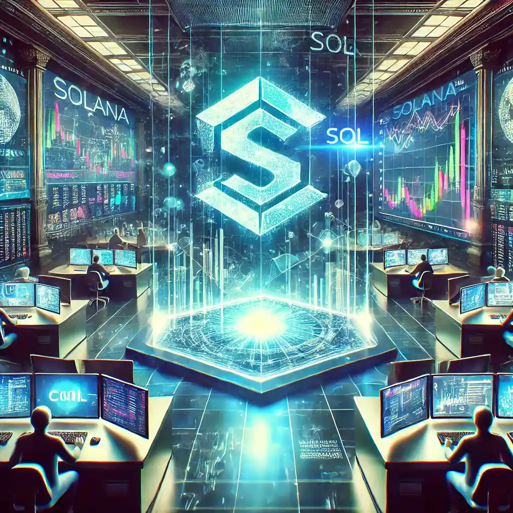An illustration featuring a glowing Solana (SOL) coin, trading charts, derivative contract symbols, financial graphs, and regulatory approval icons.