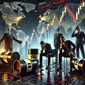 Une illustration dramatique représentant la crise du marché pétrolier avec des barils renversés sur un sol de trading, des traders inquiets et des graphiques boursiers affichant une forte baisse.