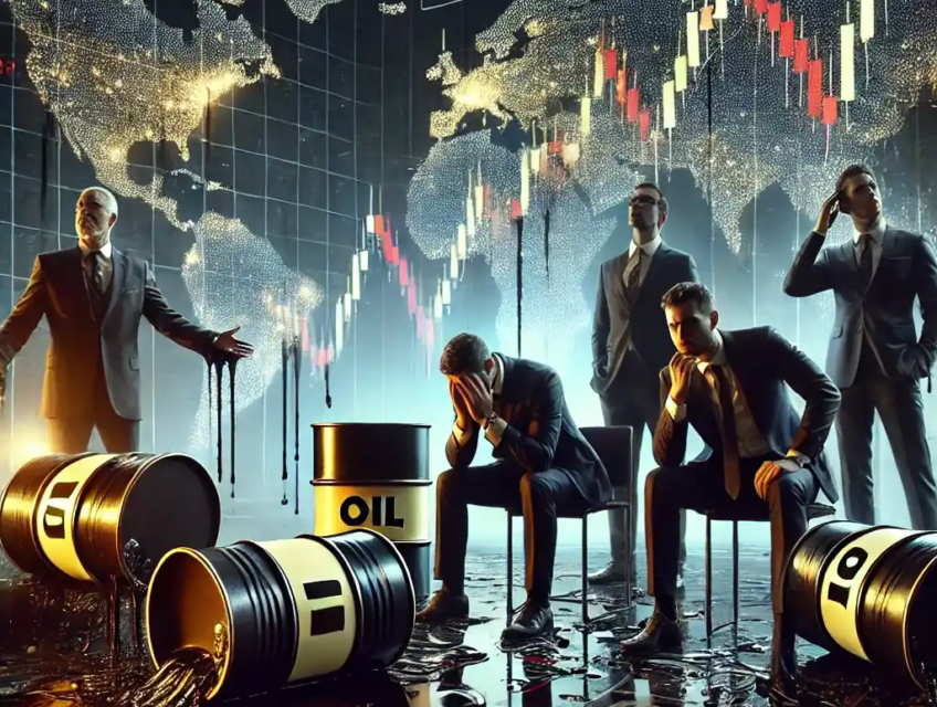 Une illustration dramatique représentant la crise du marché pétrolier avec des barils renversés sur un sol de trading, des traders inquiets et des graphiques boursiers affichant une forte baisse.