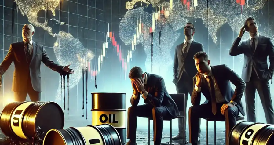 Une illustration dramatique représentant la crise du marché pétrolier avec des barils renversés sur un sol de trading, des traders inquiets et des graphiques boursiers affichant une forte baisse.