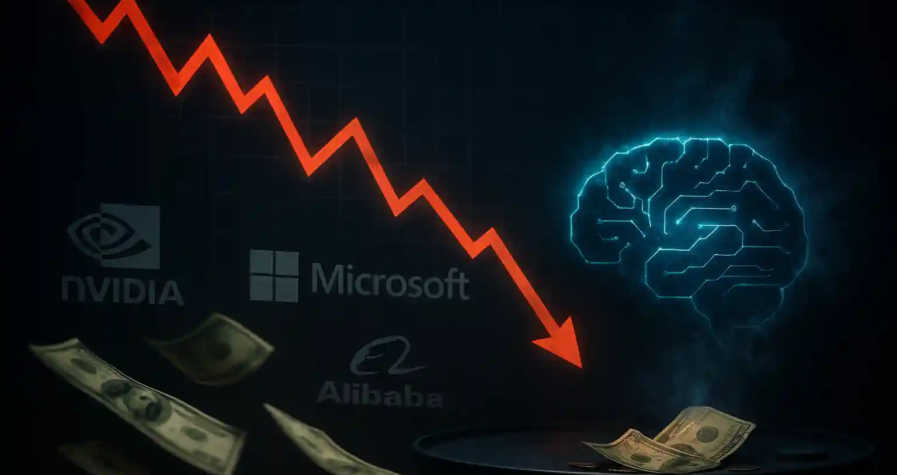 Graphique boursier en chute avec logos de Nvidia, Microsoft, Alibaba, cerveau numérique et billets de dollars flottants.