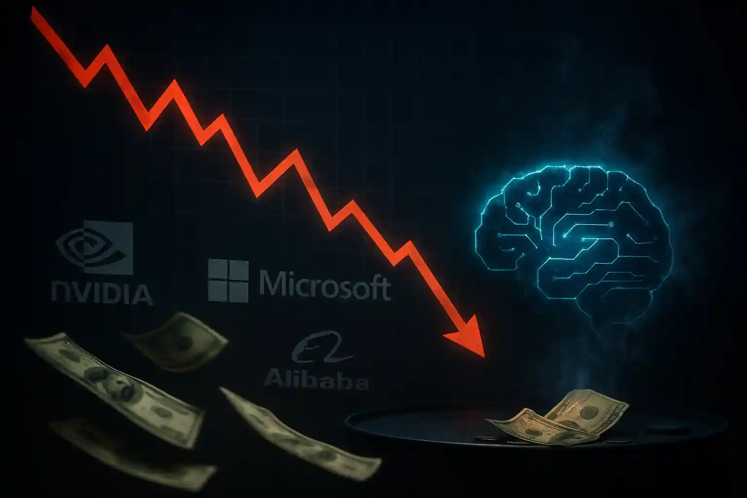 Graphique boursier en chute avec logos de Nvidia, Microsoft, Alibaba, cerveau numérique et billets de dollars flottants.