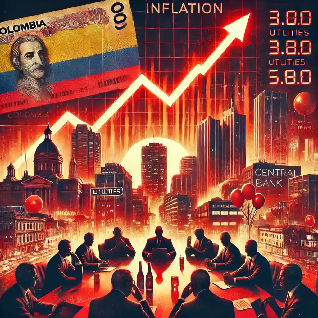 Illustration of Colombia’s rising inflation with a red financial graph, a weakening Colombian peso, and a tense central bank meeting.