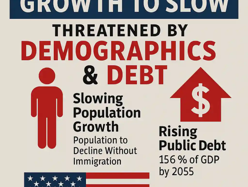 Infographie illustrant le ralentissement prévu de la croissance économique des États-Unis, causé par une dette publique croissante et une population en déclin sans immigration.