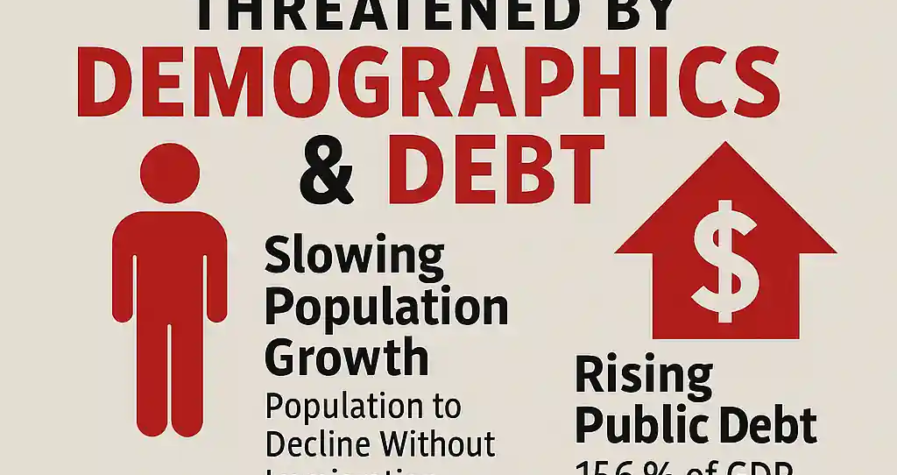 Infographie illustrant le ralentissement prévu de la croissance économique des États-Unis, causé par une dette publique croissante et une population en déclin sans immigration.