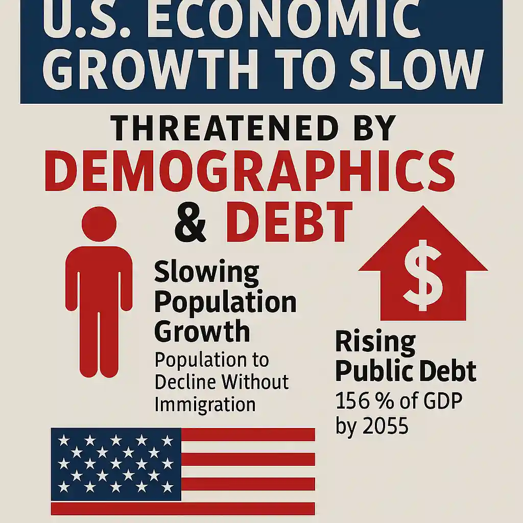 Infographie illustrant le ralentissement prévu de la croissance économique des États-Unis, causé par une dette publique croissante et une population en déclin sans immigration.