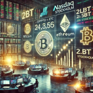 Illustration futuriste d’une bourse européenne affichant des produits crypto-ETC comme le Bitcoin et l’Ethereum