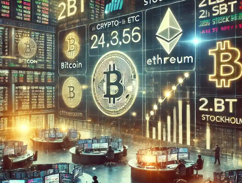 Illustration futuriste d’une bourse européenne affichant des produits crypto-ETC comme le Bitcoin et l’Ethereum