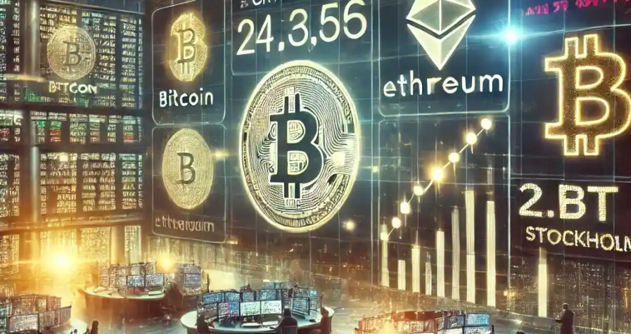 Illustration futuriste d’une bourse européenne affichant des produits crypto-ETC comme le Bitcoin et l’Ethereum