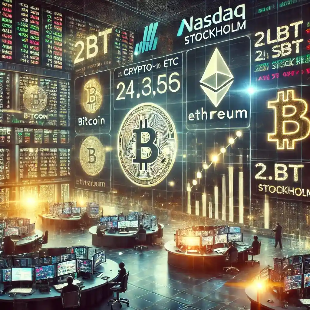 Illustration futuriste d’une bourse européenne affichant des produits crypto-ETC comme le Bitcoin et l’Ethereum