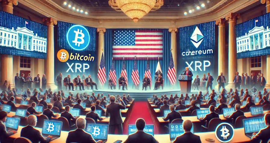 A futuristic digital illustration showing a tense scene after the White House Crypto Summit, with traders reacting to plunging crypto charts and major cryptocurrency logos displayed on large LED screens.