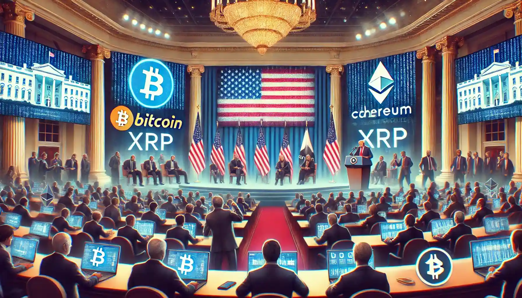A futuristic digital illustration showing a tense scene after the White House Crypto Summit, with traders reacting to plunging crypto charts and major cryptocurrency logos displayed on large LED screens.