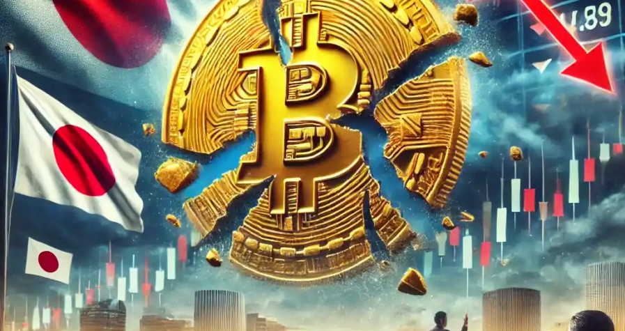 A dramatic and symbolic digital illustration capturing the current bearish sentiment in the cryptocurrency market. The image features a cracked Bitcoin symbol representing weakening investor confidence, while red arrows and volatile charts reflect market instability triggered by global economic factors.