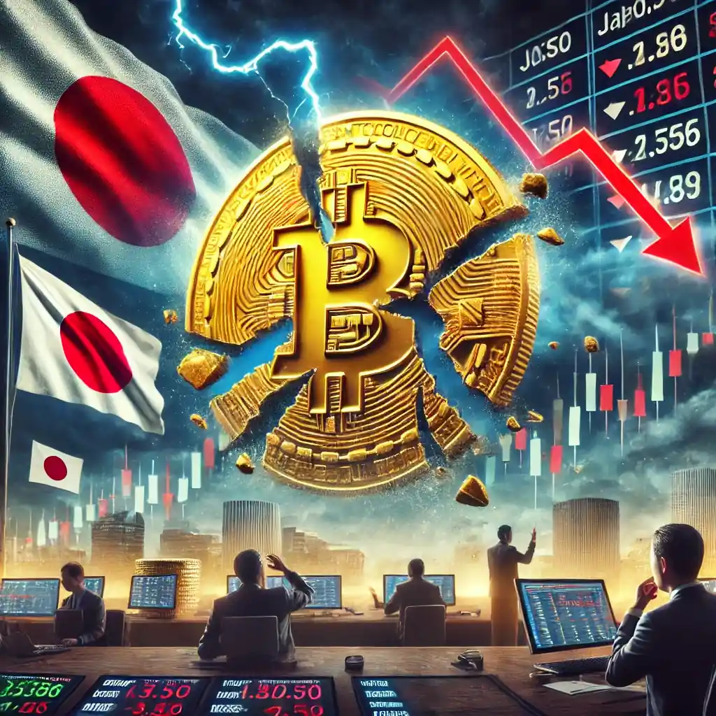 A dramatic and symbolic digital illustration capturing the current bearish sentiment in the cryptocurrency market. The image features a cracked Bitcoin symbol representing weakening investor confidence, while red arrows and volatile charts reflect market instability triggered by global economic factors.