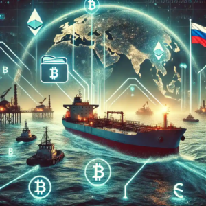 Illustration numérique d’un tanker russe transportant du pétrole via des paiements en crypto-monnaie, symbolisant l’utilisation du Bitcoin et de l’Ethereum dans les échanges internationaux.