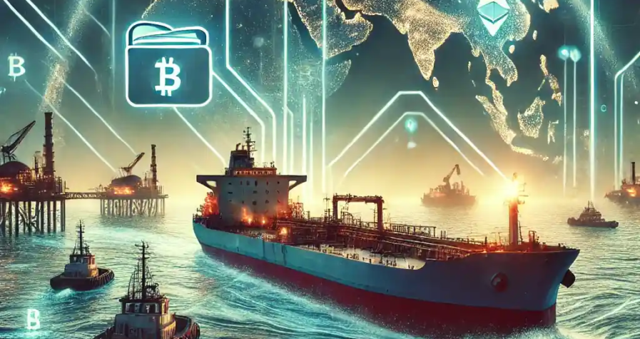 Illustration numérique d’un tanker russe transportant du pétrole via des paiements en crypto-monnaie, symbolisant l’utilisation du Bitcoin et de l’Ethereum dans les échanges internationaux.