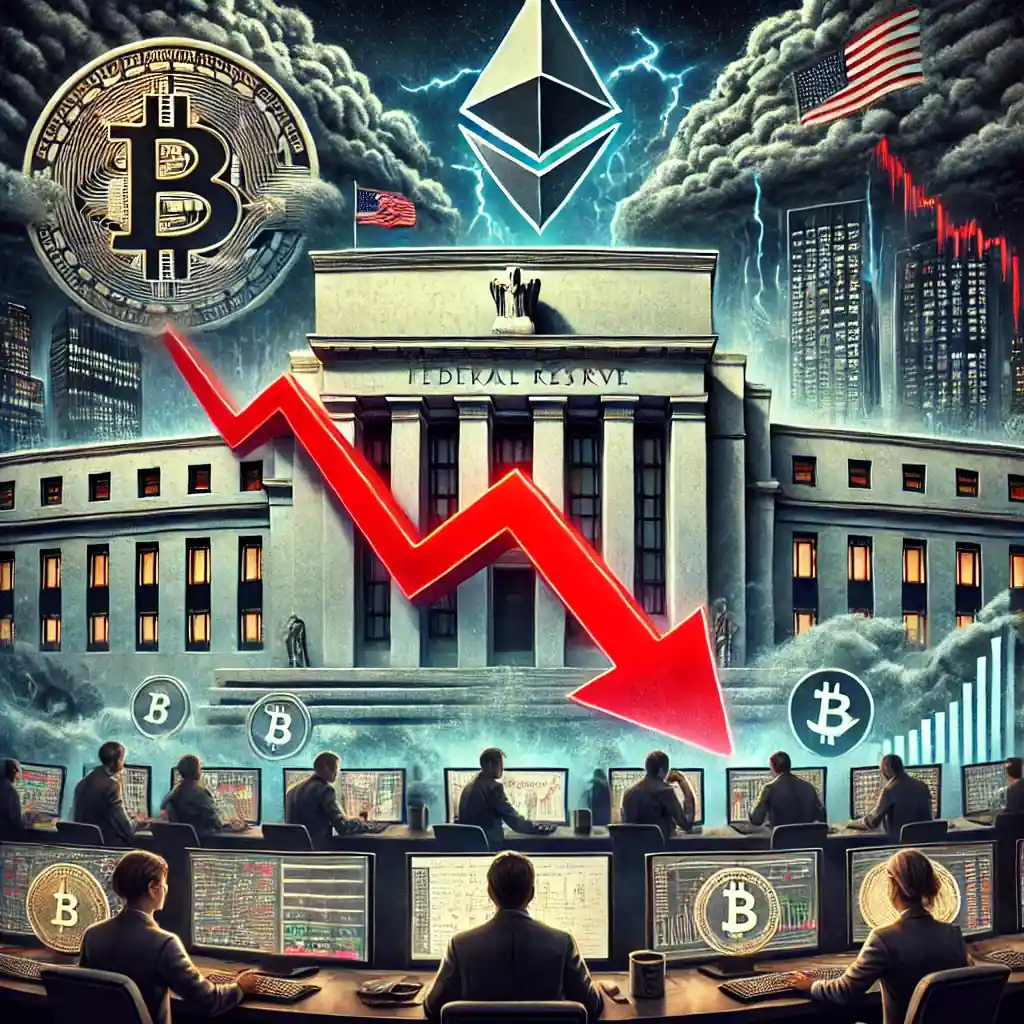 Illustration numérique représentant la chute du marché des crypto-monnaies avec Bitcoin, Ethereum et d’autres actifs en baisse sous une atmosphère orageuse.