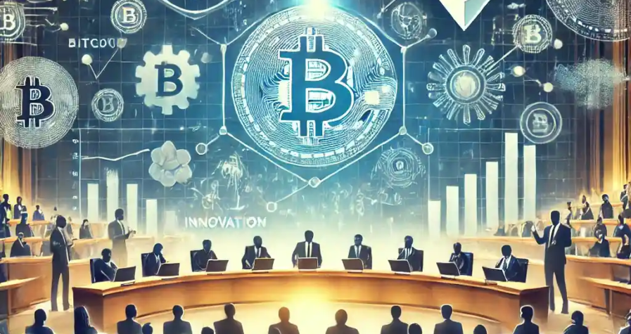 An illustration of a grand conference hall with Bitcoin and Ethereum symbols on large screens, blockchain networks, financial regulations, and industry leaders discussing digital asset policies.