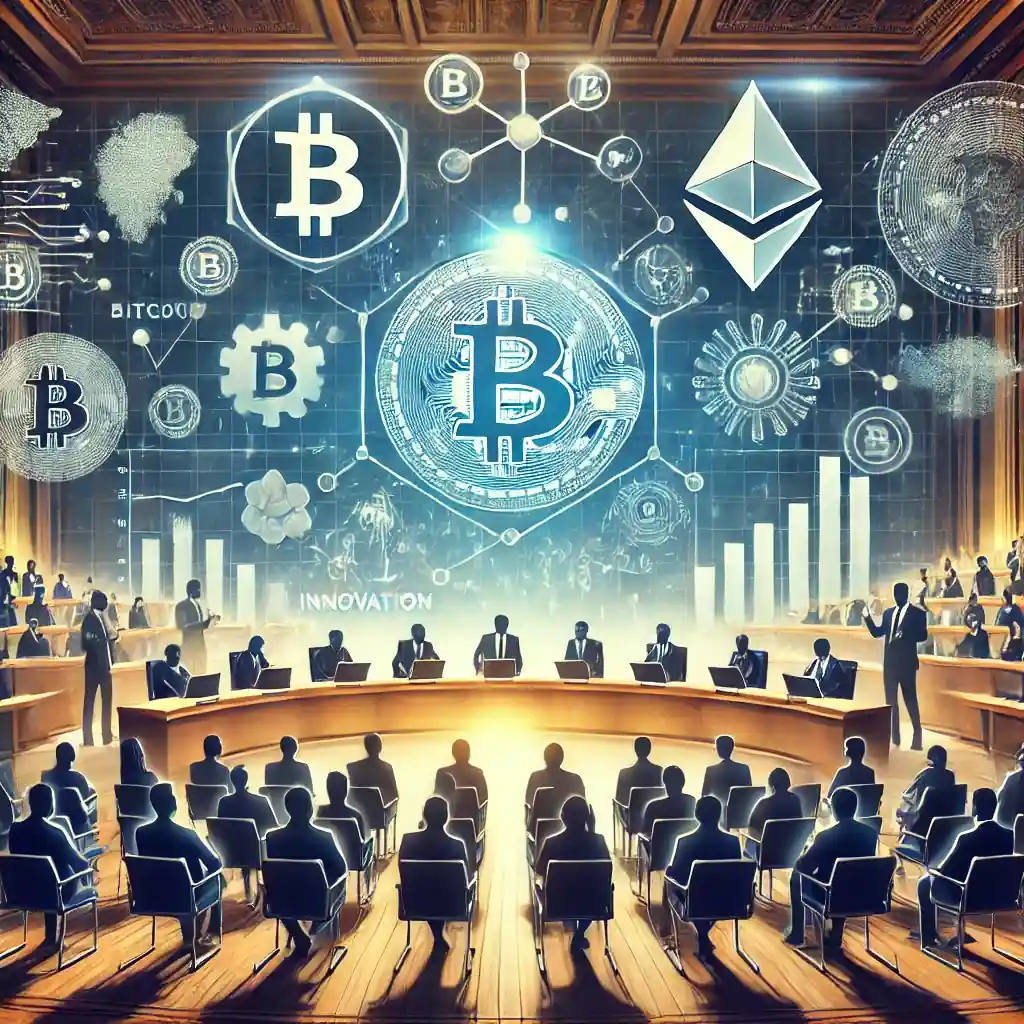 An illustration of a grand conference hall with Bitcoin and Ethereum symbols on large screens, blockchain networks, financial regulations, and industry leaders discussing digital asset policies.