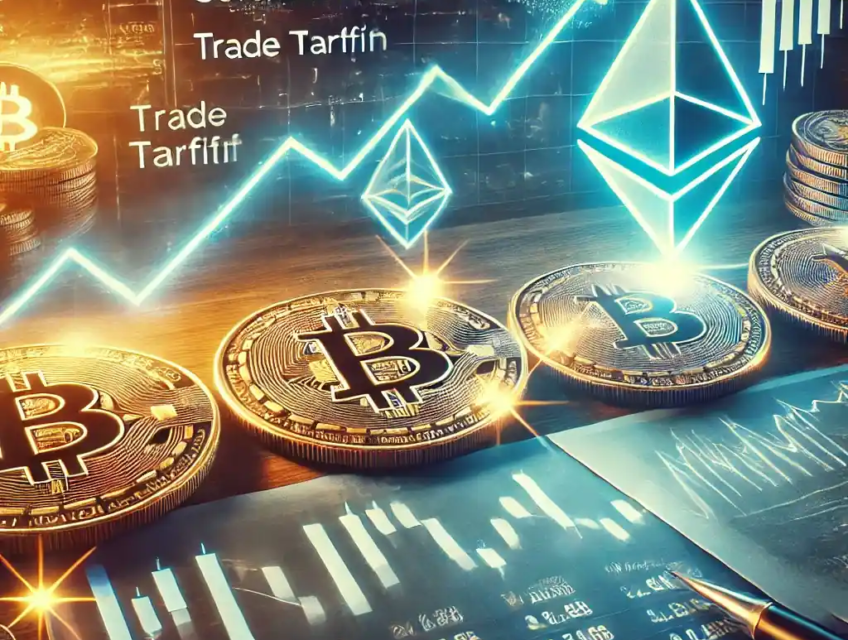An illustration featuring glowing Bitcoin, Ethereum, and Dogecoin symbols rising on a digital financial graph, with trade tariff charts and a strategic cryptocurrency reserve vault in the background