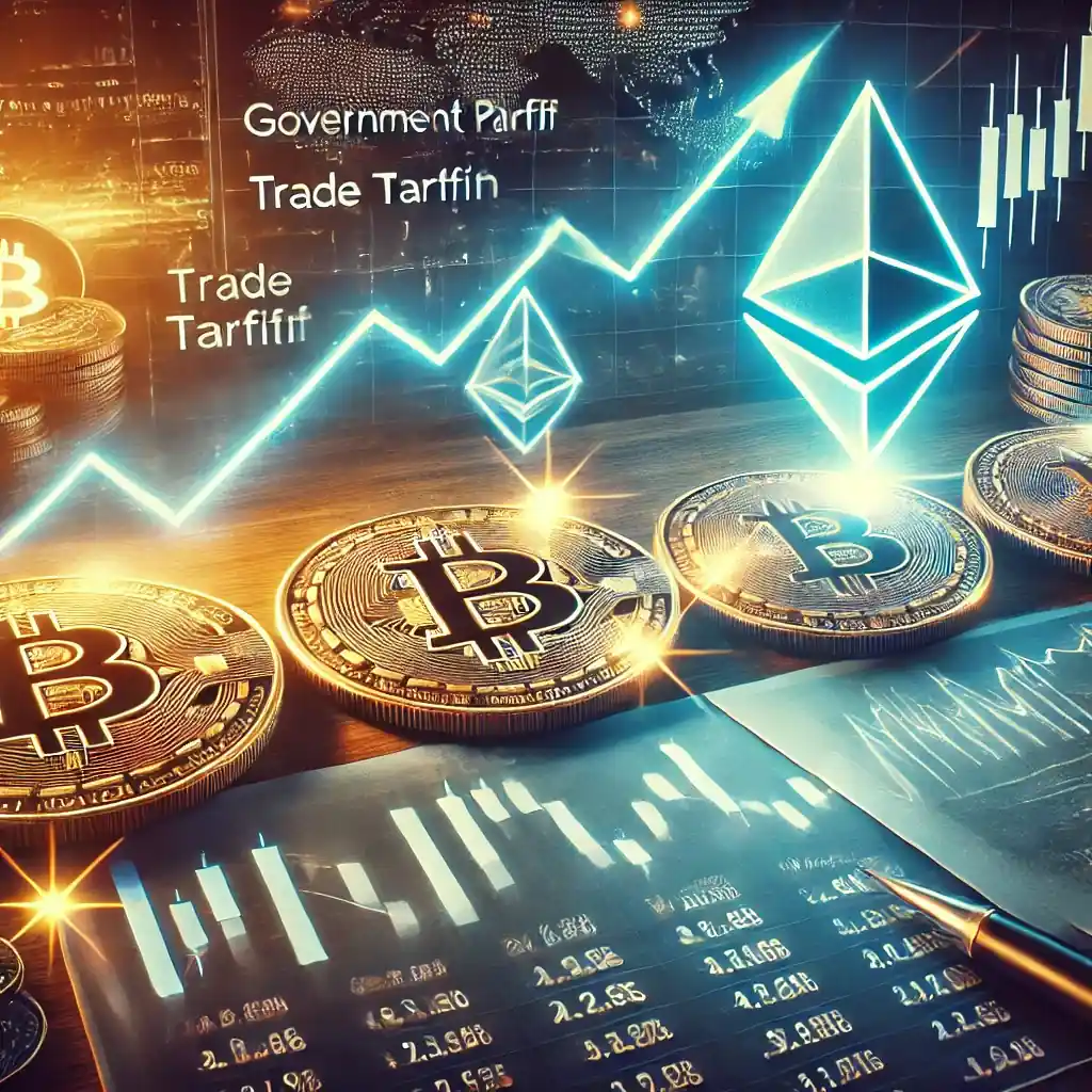 An illustration featuring glowing Bitcoin, Ethereum, and Dogecoin symbols rising on a digital financial graph, with trade tariff charts and a strategic cryptocurrency reserve vault in the background