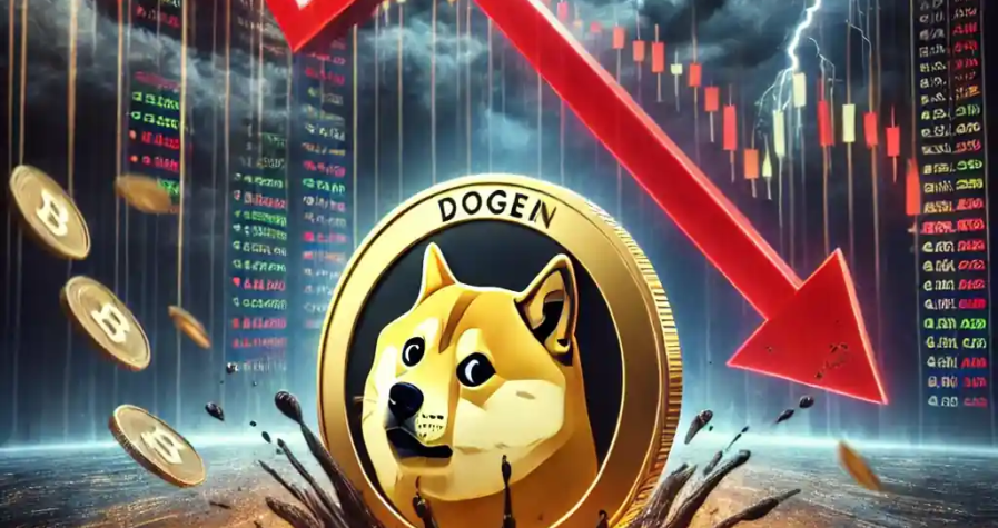 A symbolic digital illustration of Dogecoin falling in value, featuring a golden Dogecoin coin descending among red arrows and a gloomy financial background.
