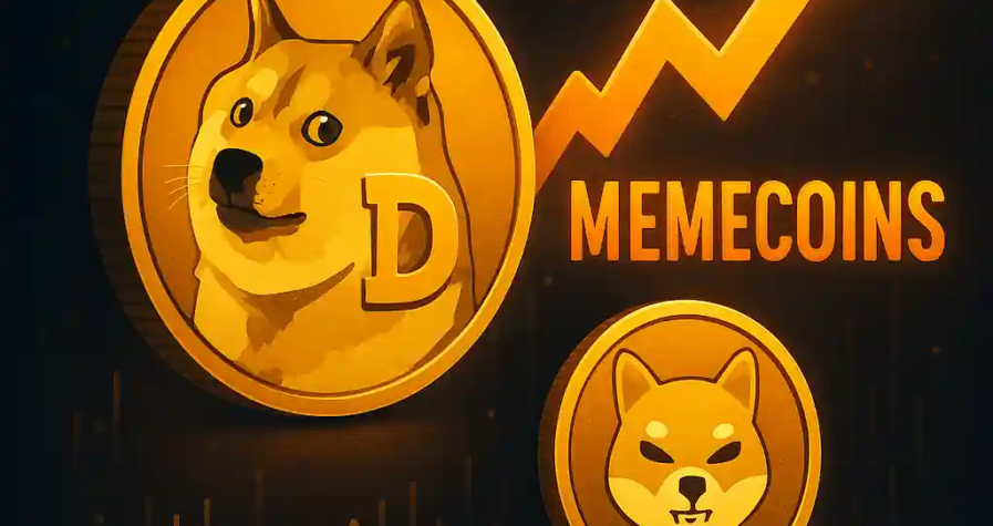A glowing digital illustration of Dogecoin and Shiba Inu coins rising with an upward arrow and memecoin trend chart in the background.