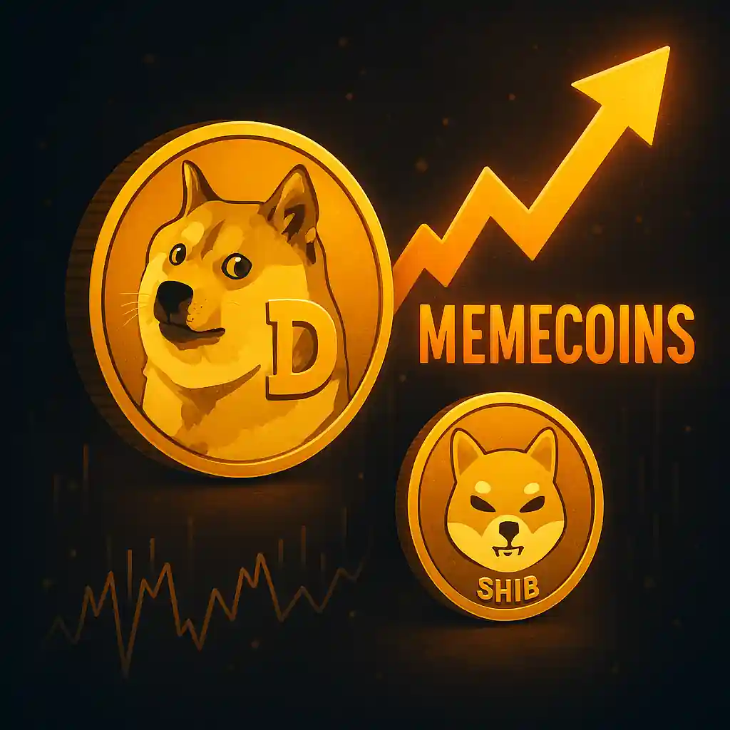 A glowing digital illustration of Dogecoin and Shiba Inu coins rising with an upward arrow and memecoin trend chart in the background.