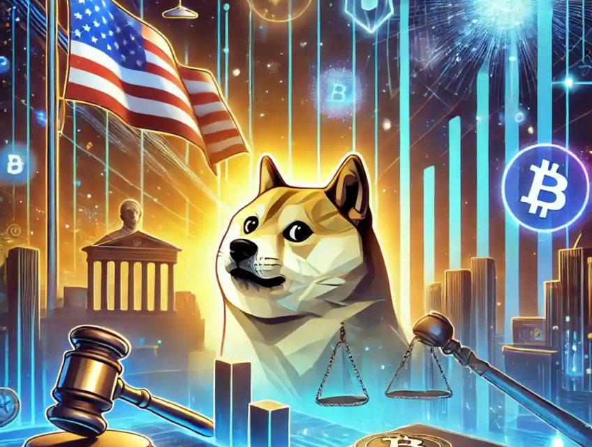 Illustration numérique représentant l'impact des décisions politiques américaines sur le marché des memecoins comme Dogecoin.