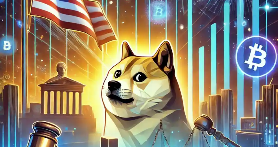 Illustration numérique représentant l'impact des décisions politiques américaines sur le marché des memecoins comme Dogecoin.