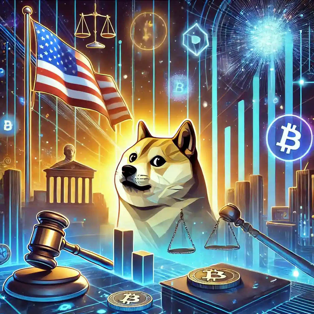Illustration numérique représentant l'impact des décisions politiques américaines sur le marché des memecoins comme Dogecoin.