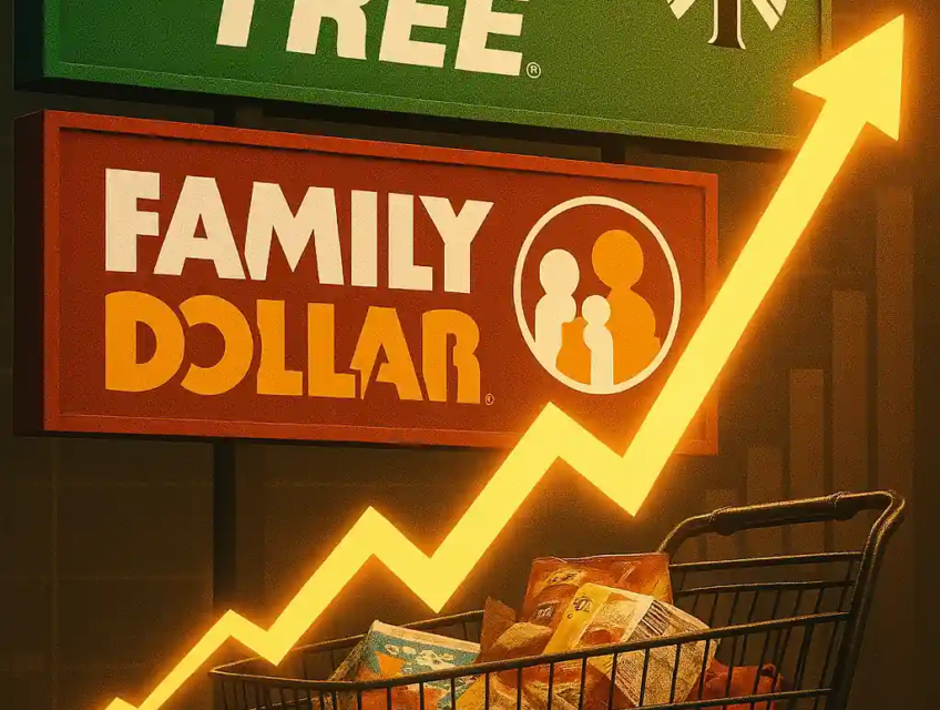 A shopping cart filled with groceries in front of Dollar Tree and Family Dollar signs, with a glowing rising arrow symbolizing economic growth.