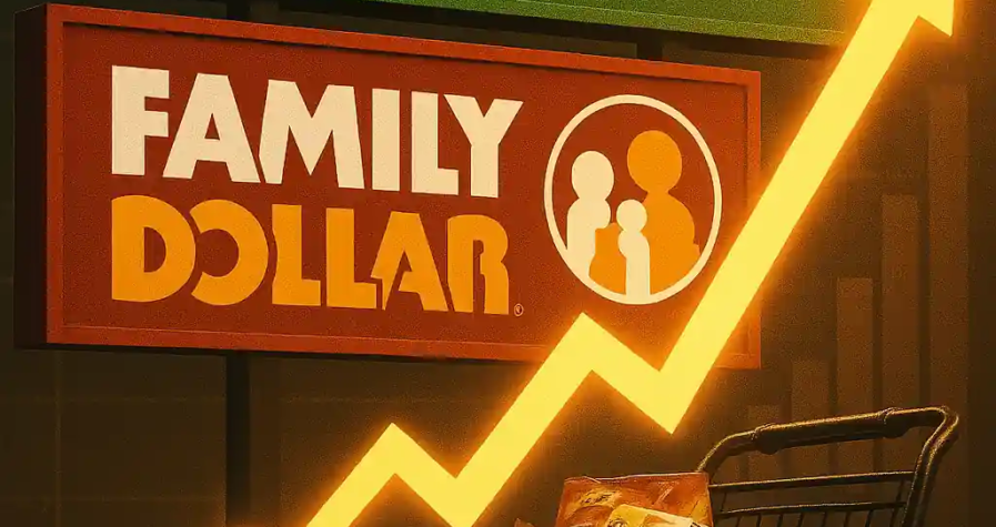 A shopping cart filled with groceries in front of Dollar Tree and Family Dollar signs, with a glowing rising arrow symbolizing economic growth.