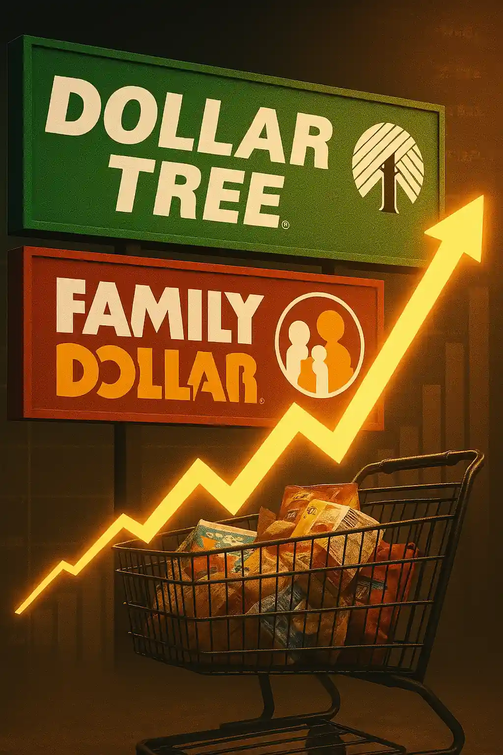 A shopping cart filled with groceries in front of Dollar Tree and Family Dollar signs, with a glowing rising arrow symbolizing economic growth.