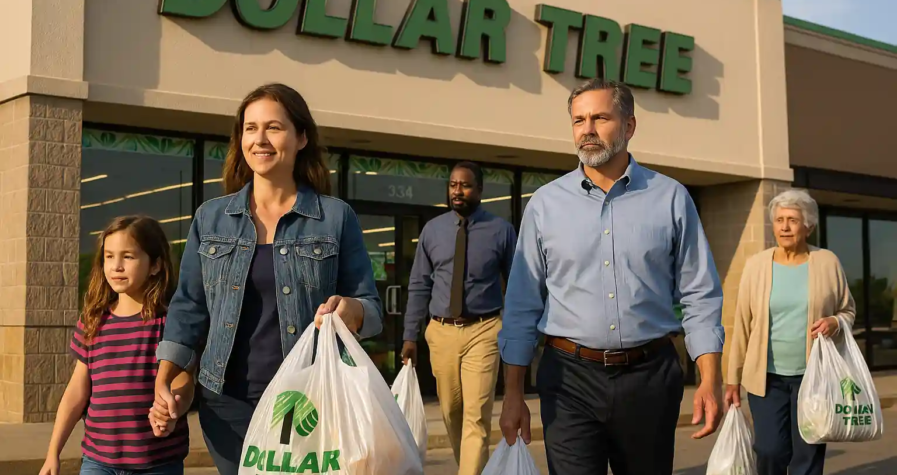 Clients de différents âges et revenus sortant d’un magasin Dollar Tree avec des sacs de courses
