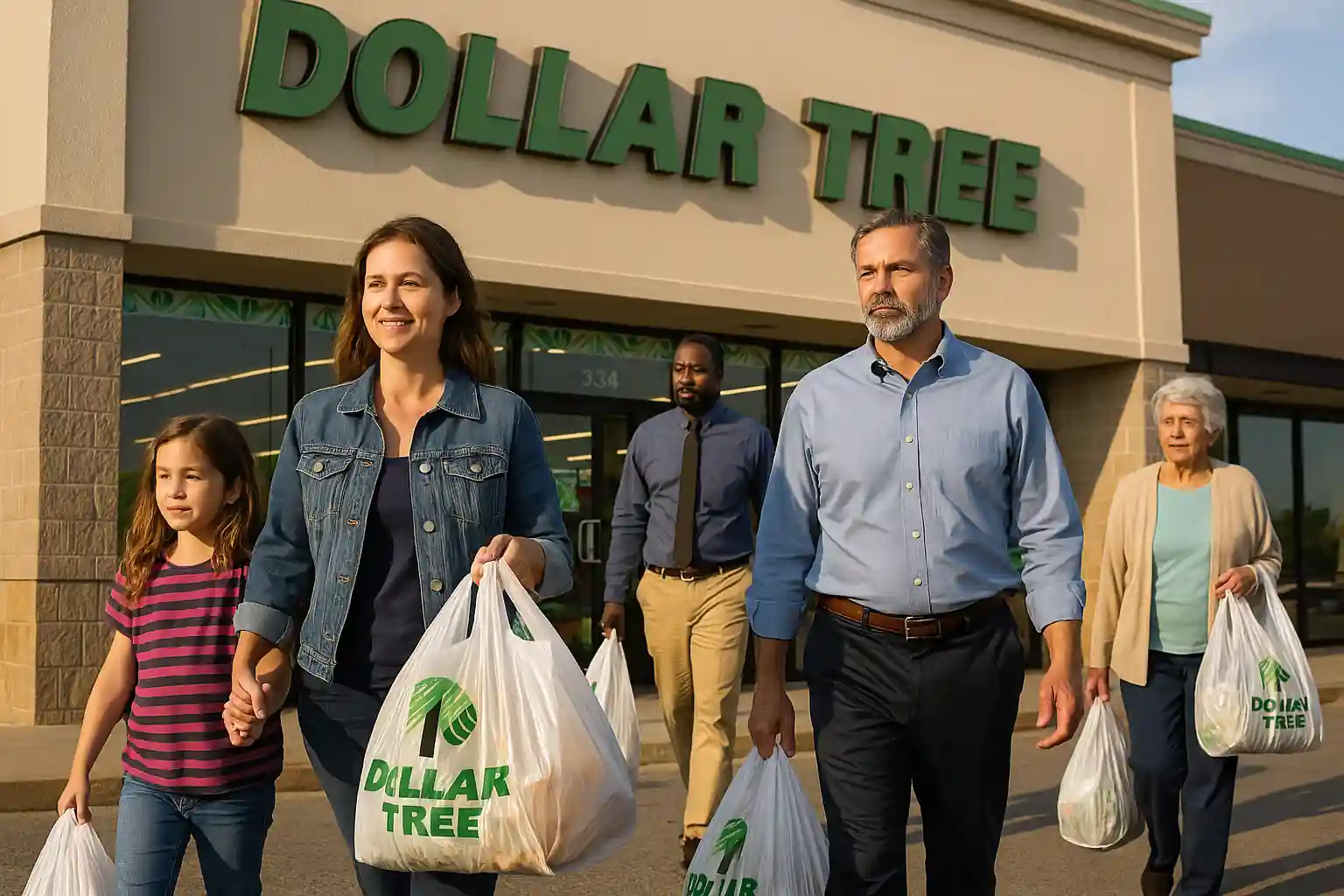 Clients de différents âges et revenus sortant d’un magasin Dollar Tree avec des sacs de courses