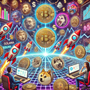 Illustration symbolique du marché spéculatif des memecoins sur Solana, montrant influenceurs et investisseurs face à une volatilité extrême.