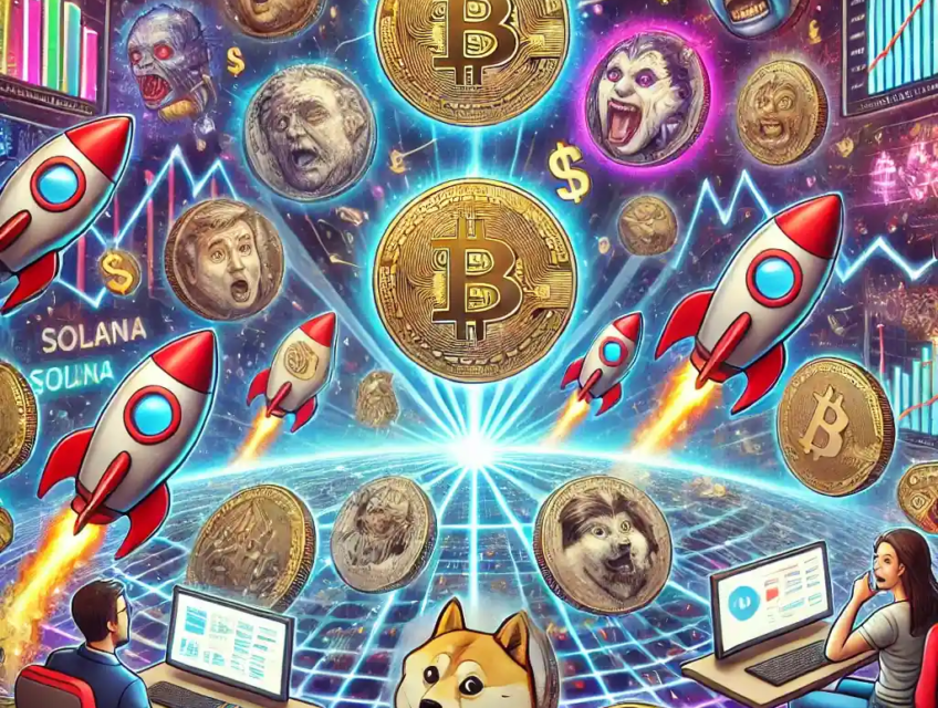Illustration symbolique du marché spéculatif des memecoins sur Solana, montrant influenceurs et investisseurs face à une volatilité extrême.