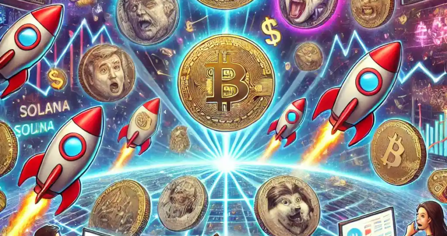 Illustration symbolique du marché spéculatif des memecoins sur Solana, montrant influenceurs et investisseurs face à une volatilité extrême.