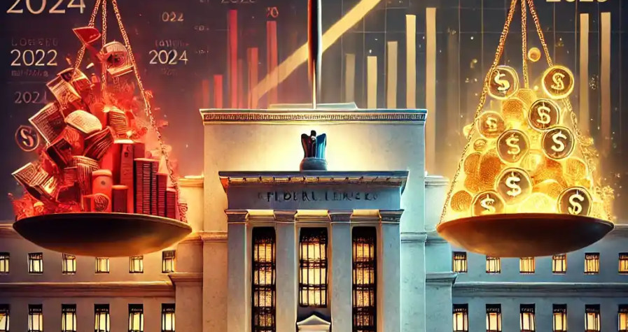 Symbolic digital illustration showing the U.S. Federal Reserve transitioning from financial losses to profitability with a balance scale and rising charts.