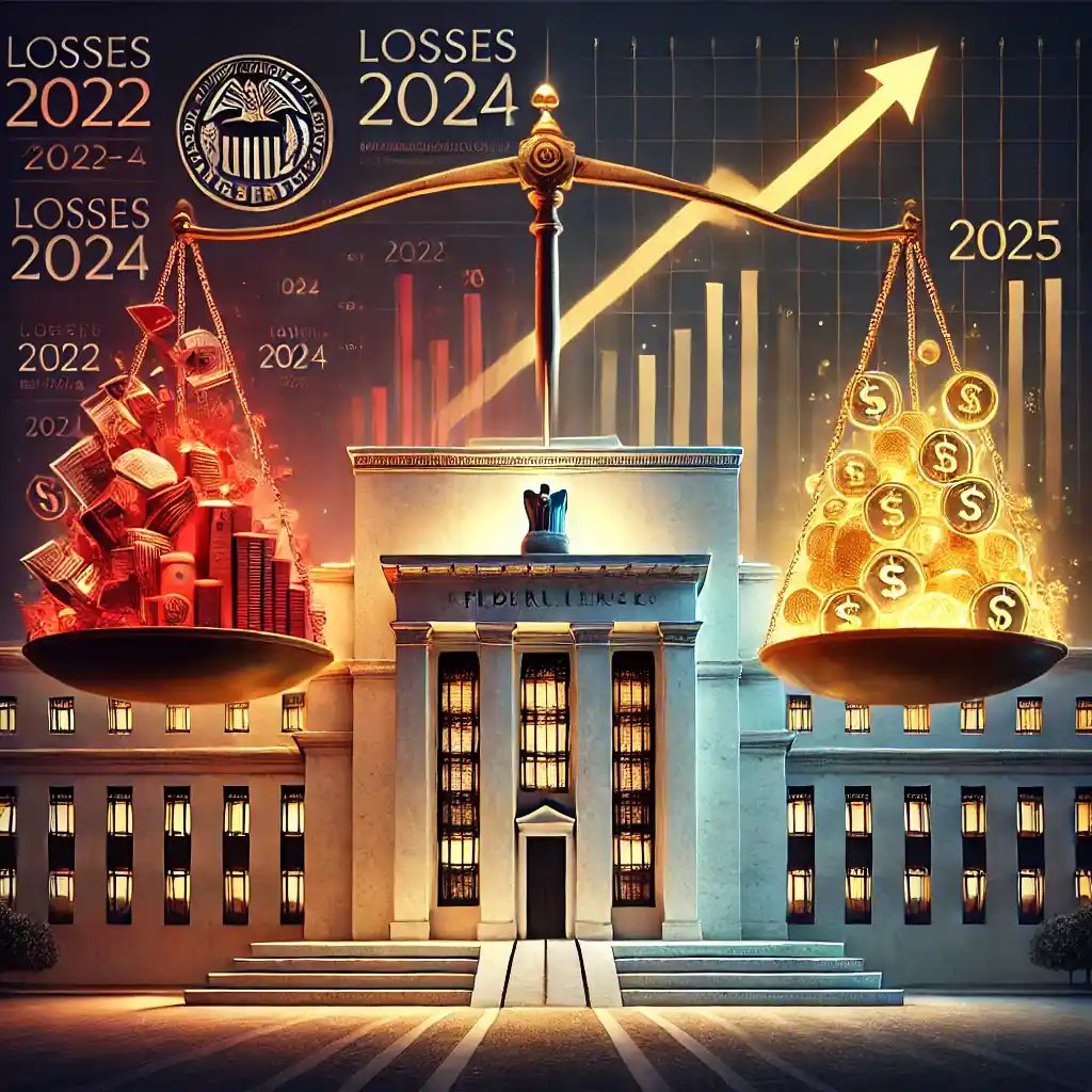Symbolic digital illustration showing the U.S. Federal Reserve transitioning from financial losses to profitability with a balance scale and rising charts.