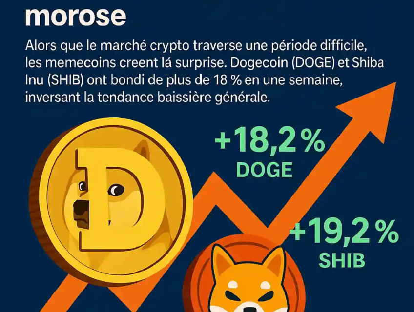 Illustration numérique représentant la montée des memecoins Dogecoin et Shiba Inu sur fond de marché crypto en difficulté.