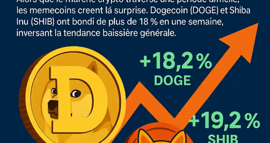 Illustration numérique représentant la montée des memecoins Dogecoin et Shiba Inu sur fond de marché crypto en difficulté.