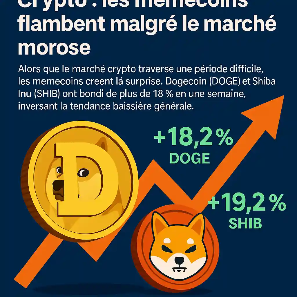 Illustration numérique représentant la montée des memecoins Dogecoin et Shiba Inu sur fond de marché crypto en difficulté.