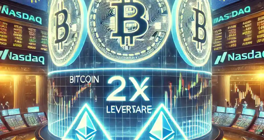 Futuristic digital illustration showing Bitcoin and Ethereum leveraged trading on Nasdaq Sweden with holographic charts and EU symbols.