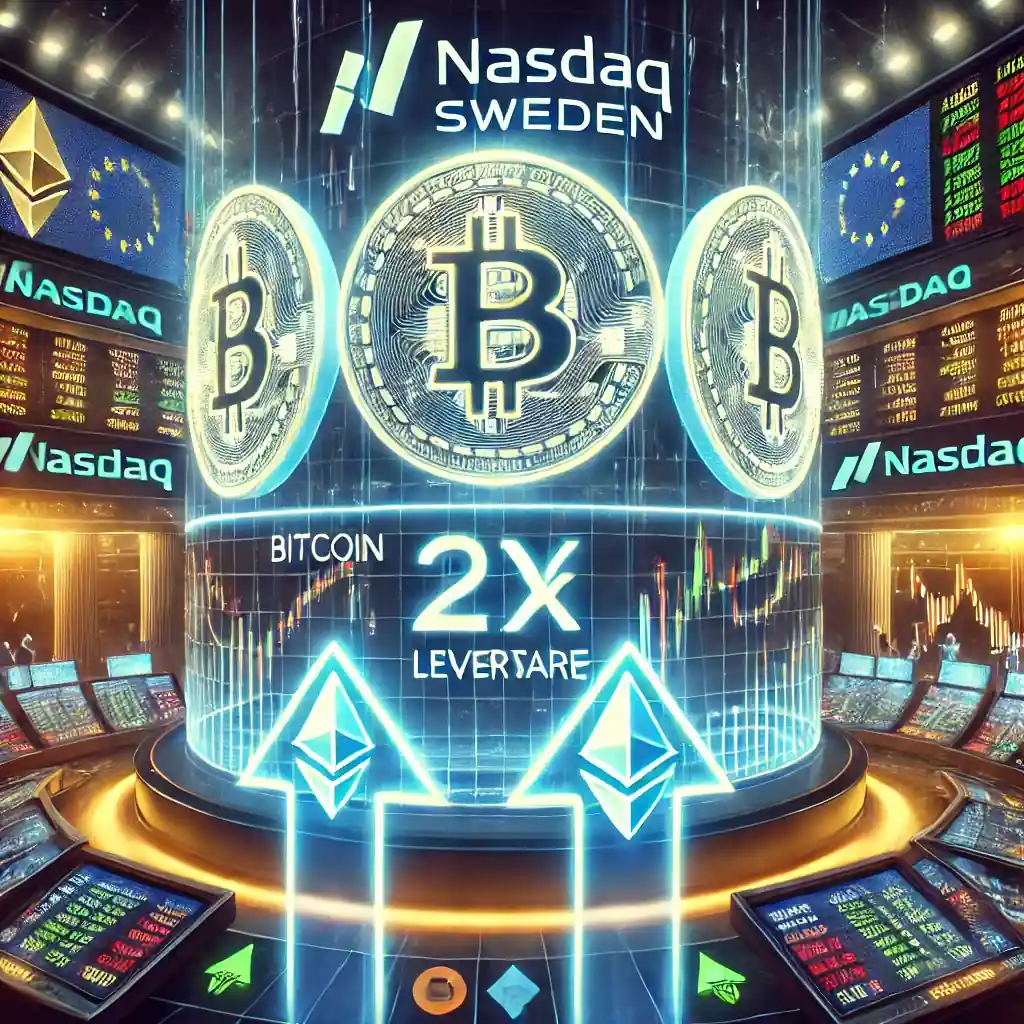 Futuristic digital illustration showing Bitcoin and Ethereum leveraged trading on Nasdaq Sweden with holographic charts and EU symbols.