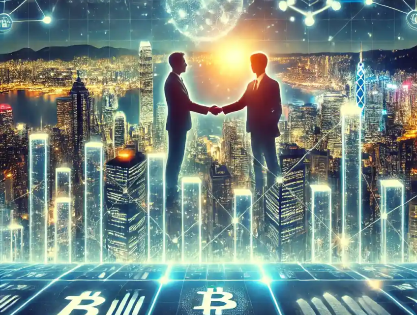 Illustration futuriste mettant en scène l’investissement de Gaorong Ventures dans HashKey Group, avec la skyline numérique de Hong Kong illuminée par des symboles blockchain.