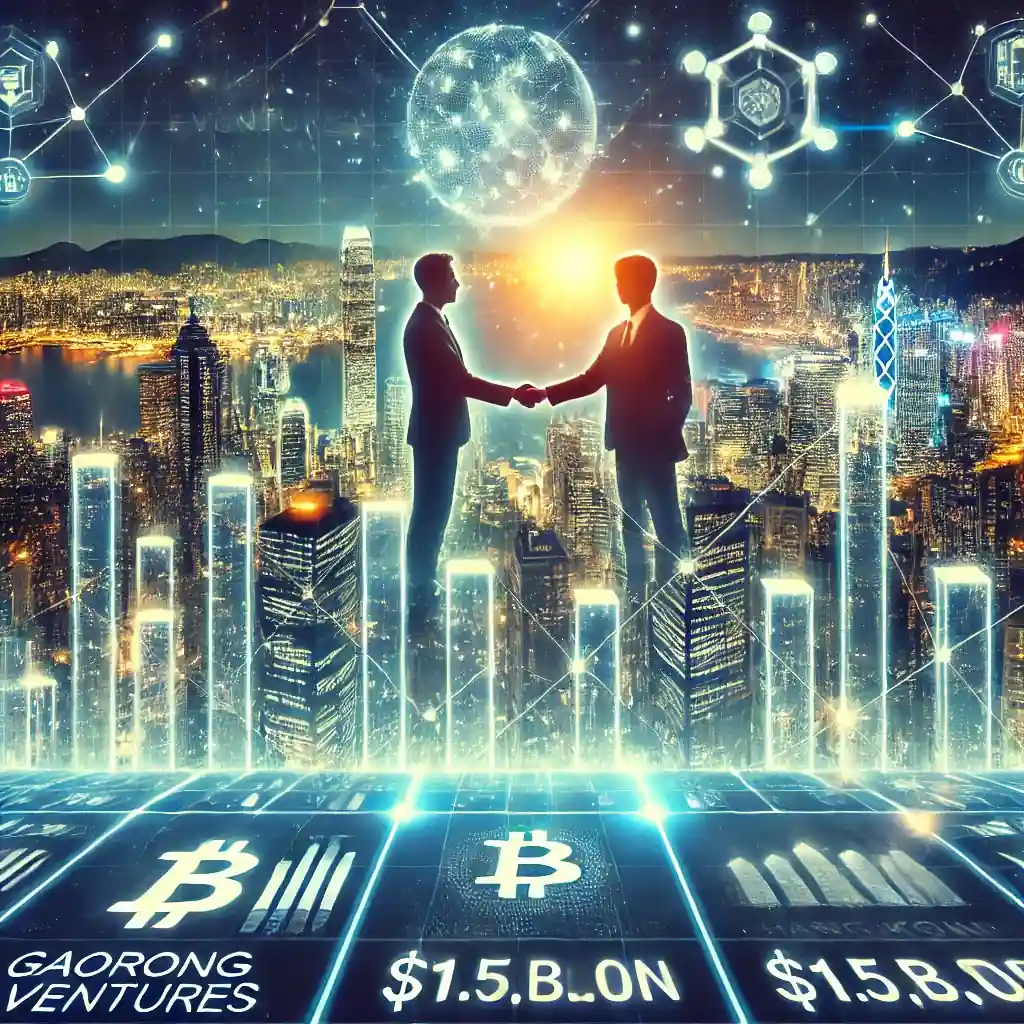 Illustration futuriste mettant en scène l’investissement de Gaorong Ventures dans HashKey Group, avec la skyline numérique de Hong Kong illuminée par des symboles blockchain.